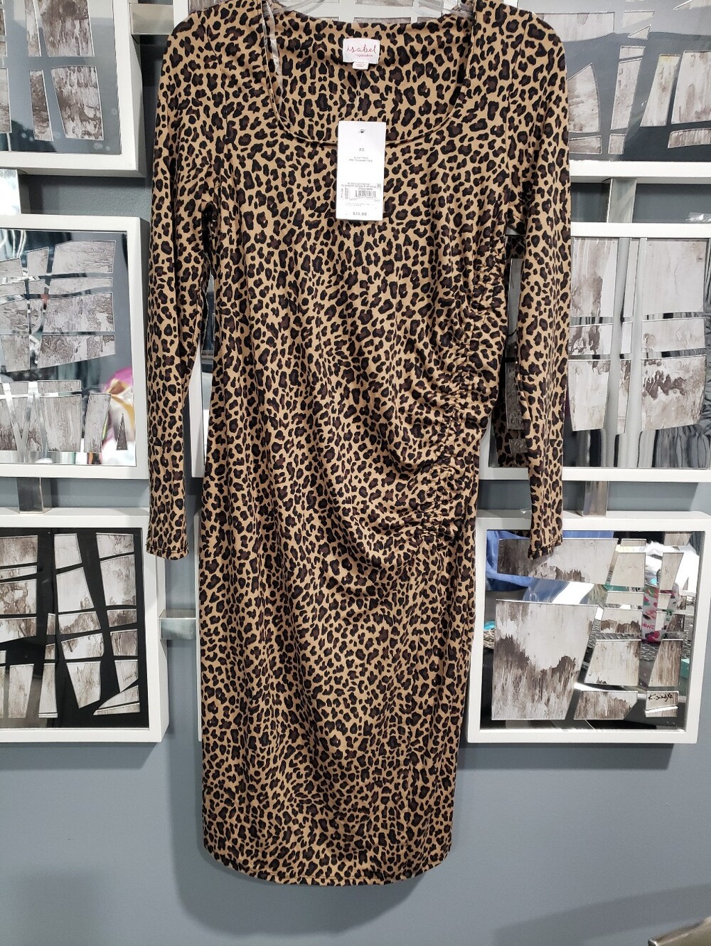 Isabel Maternity Leopard Print Long Sleeve Ruched Dress in Tan and Black. XS